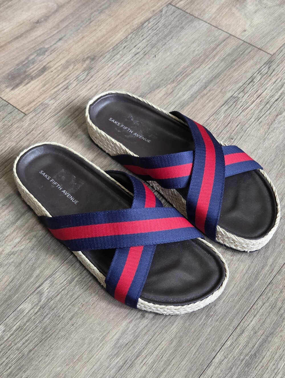 SAKS FIFTH AVENUE Navy & Red Crisscross Espadrille Slides - Picture 2 of 7